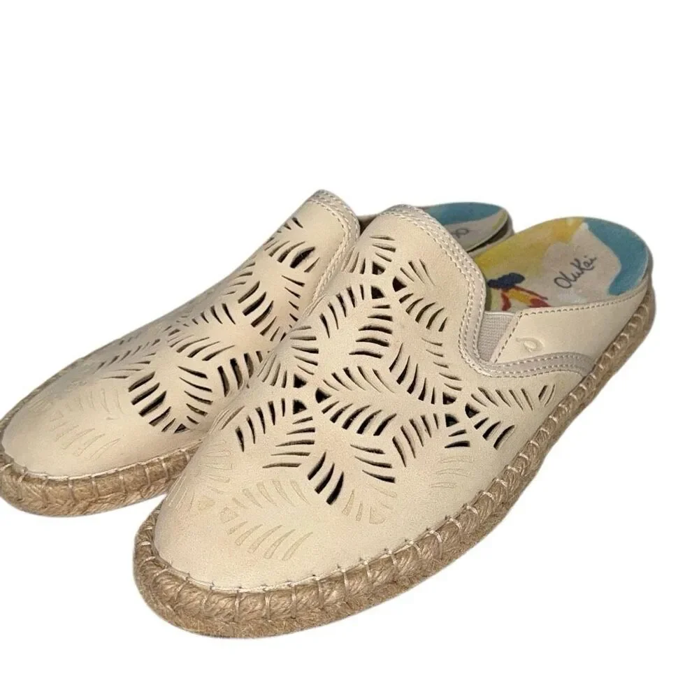 OluKai Cream Laser-Cut Leather Espadrille Mules